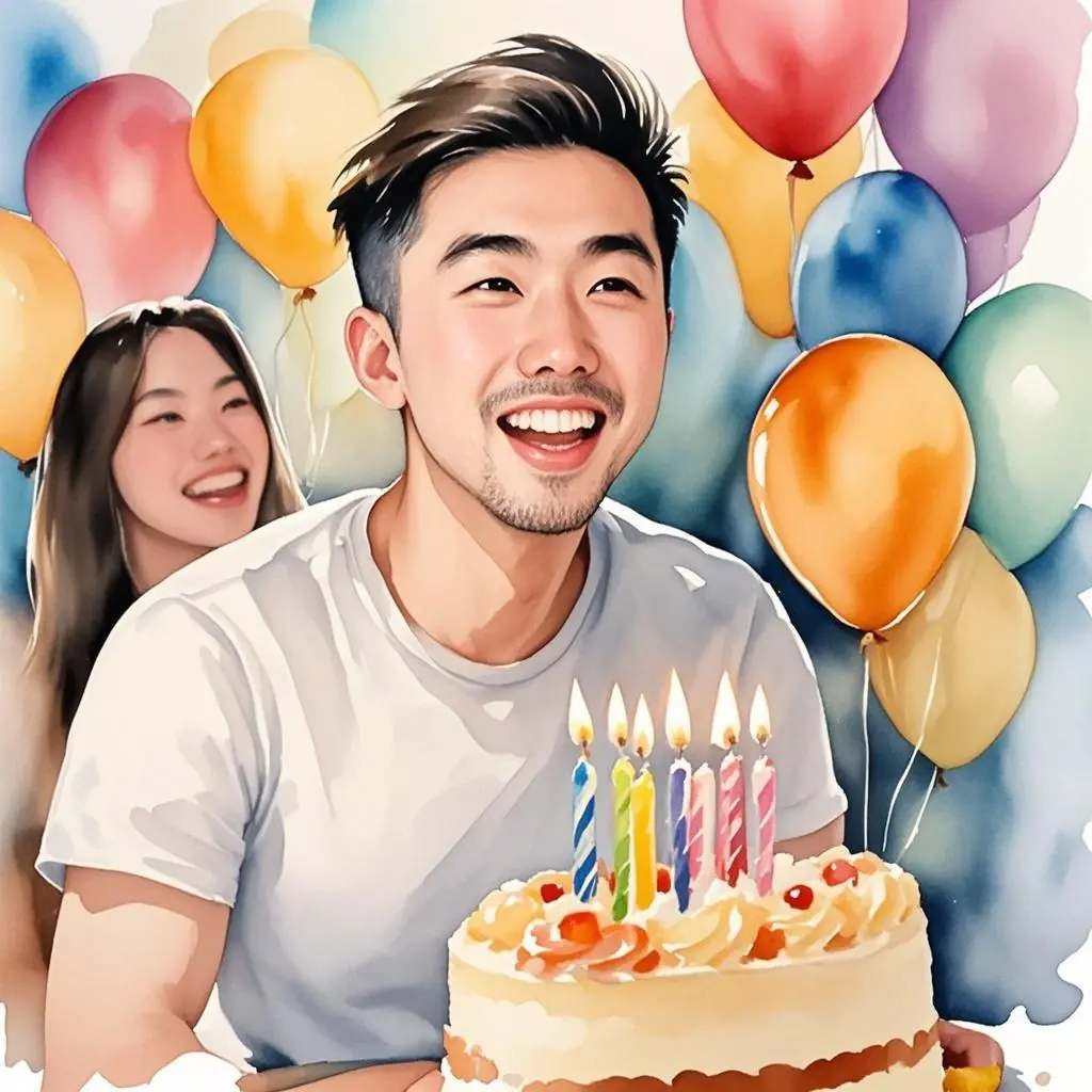 birthday portrait watercolor painting made from a photo, with our MEDIA AI art generator 