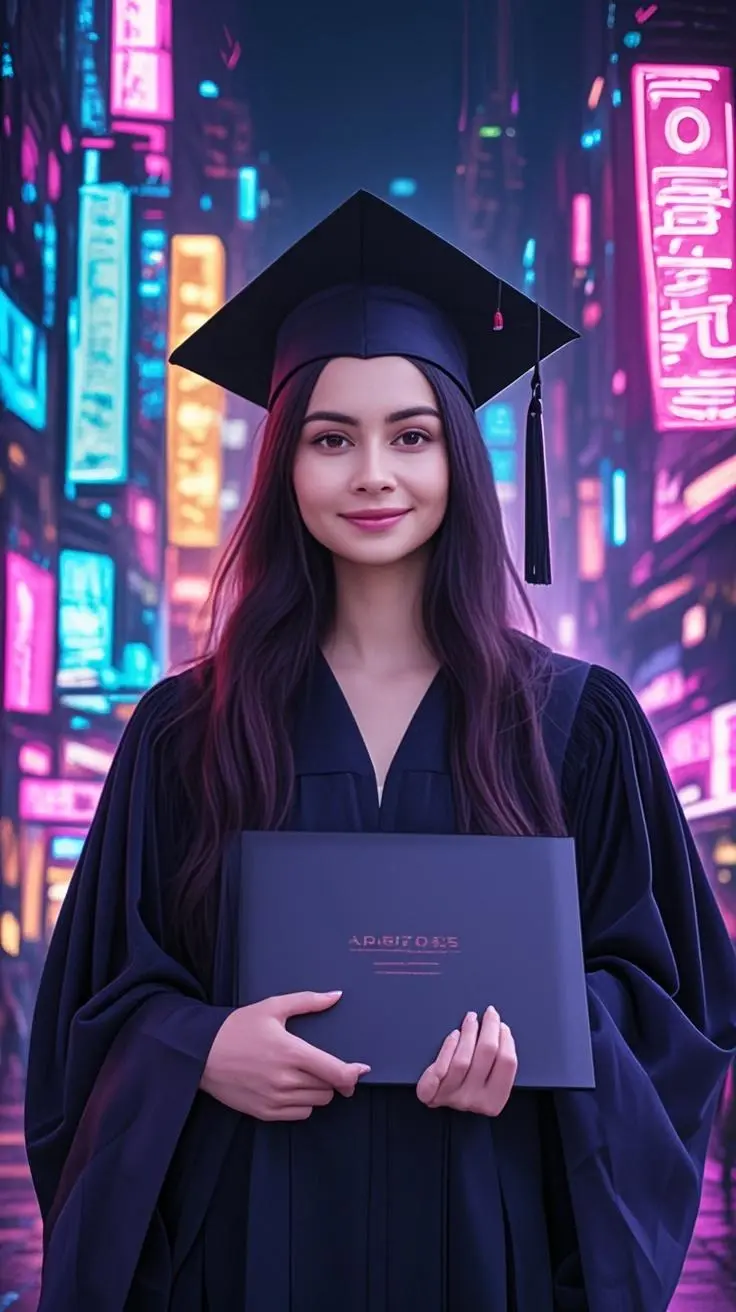 Graduation portrait cyberpunk painting made from a photo, with our MEDIA AI art generator