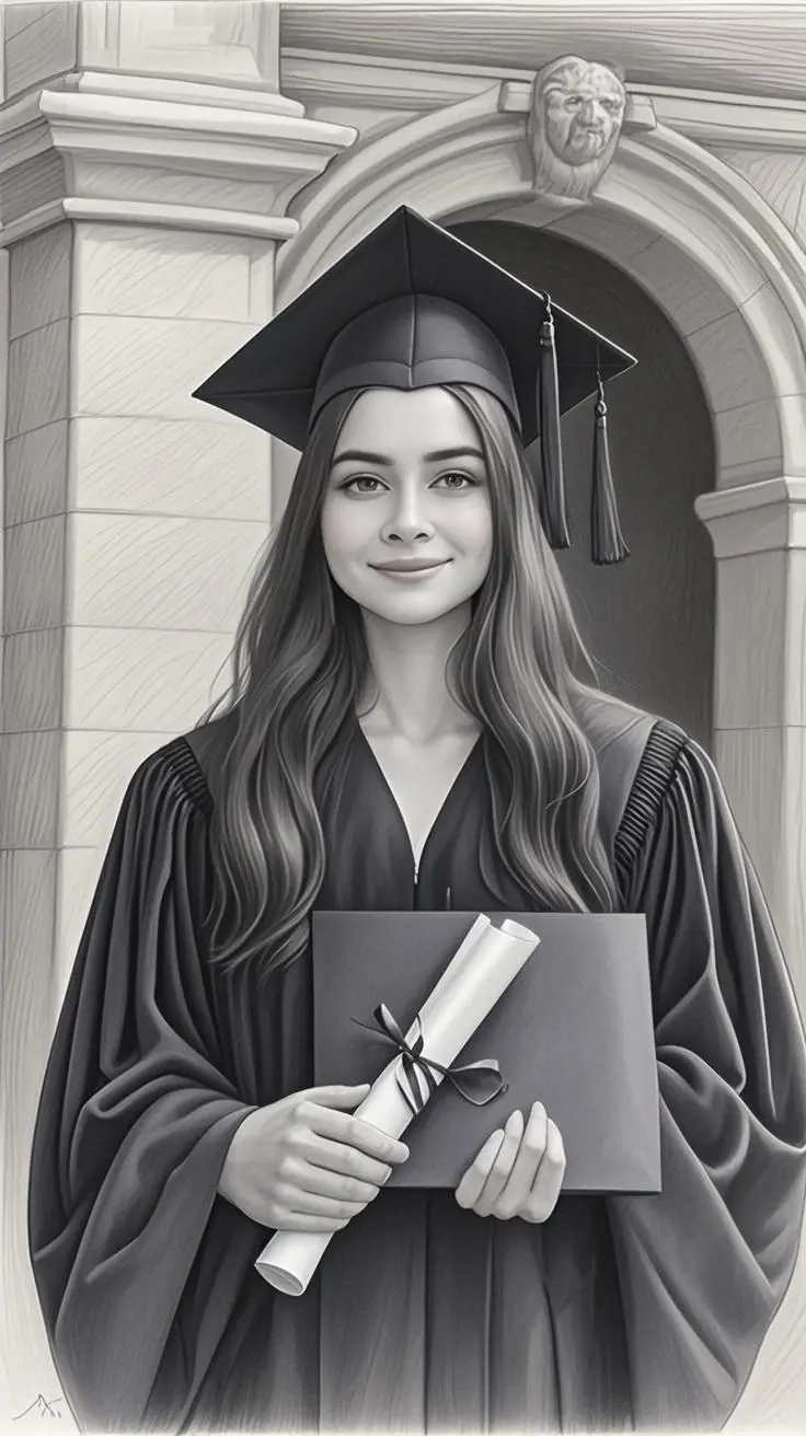 Graduation portrait pencil painting made from a photo, with our MEDIA AI art generator