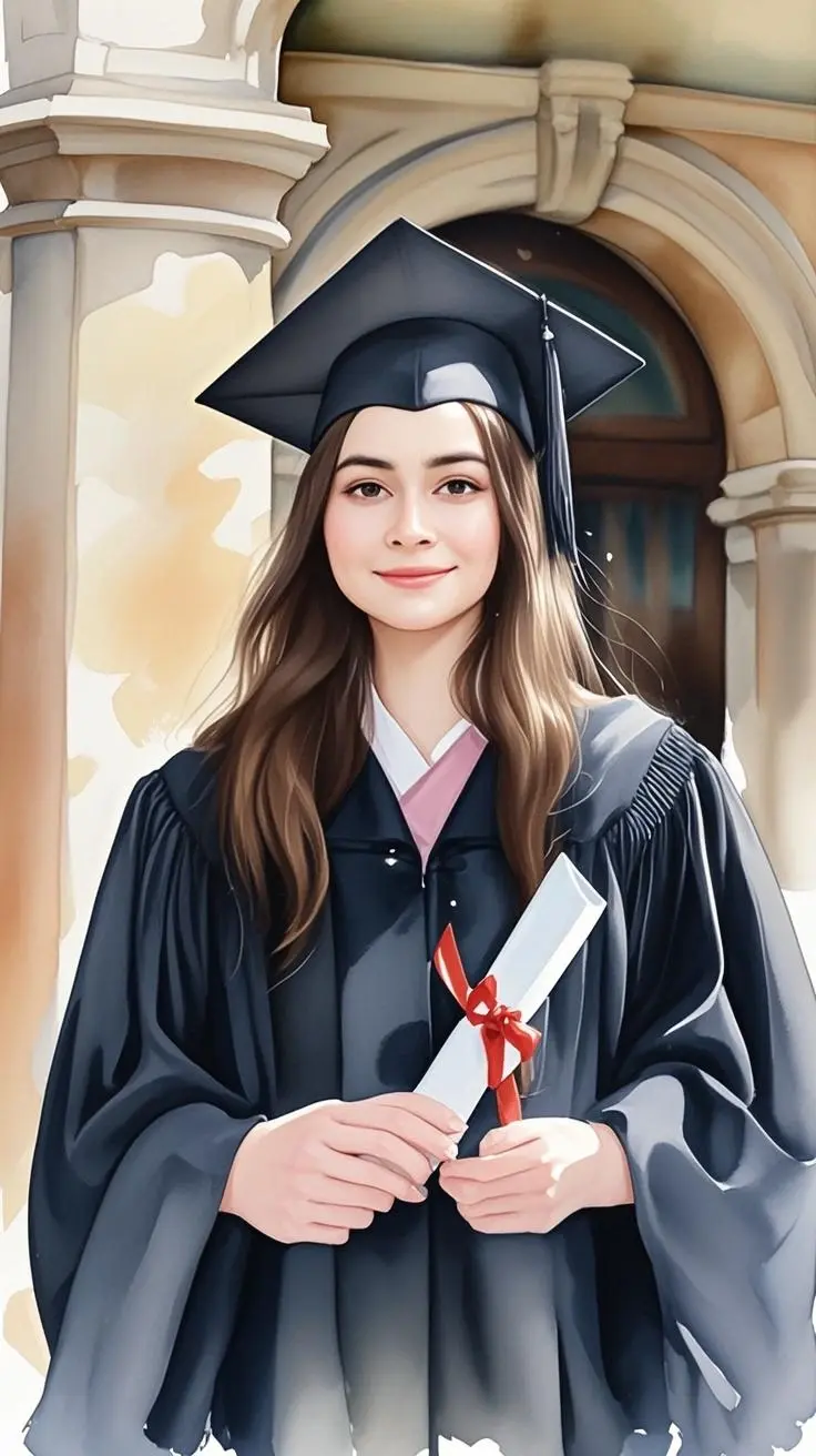 Graduation portrait watercolor painting made from a photo, with our MEDIA AI art generator