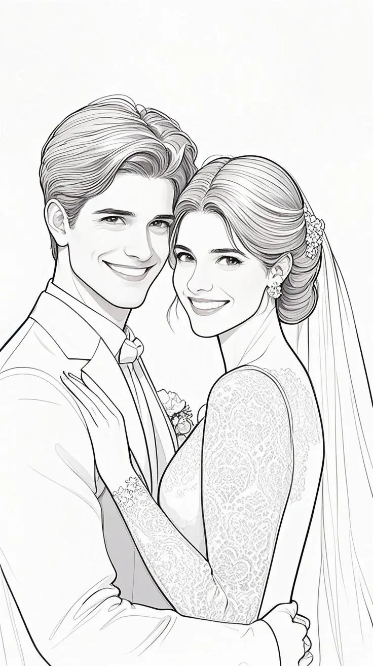 Wedding portrait transformed into coloring page art style - bride and groom artistic transformation with clean lines perfect for DIY creativity
