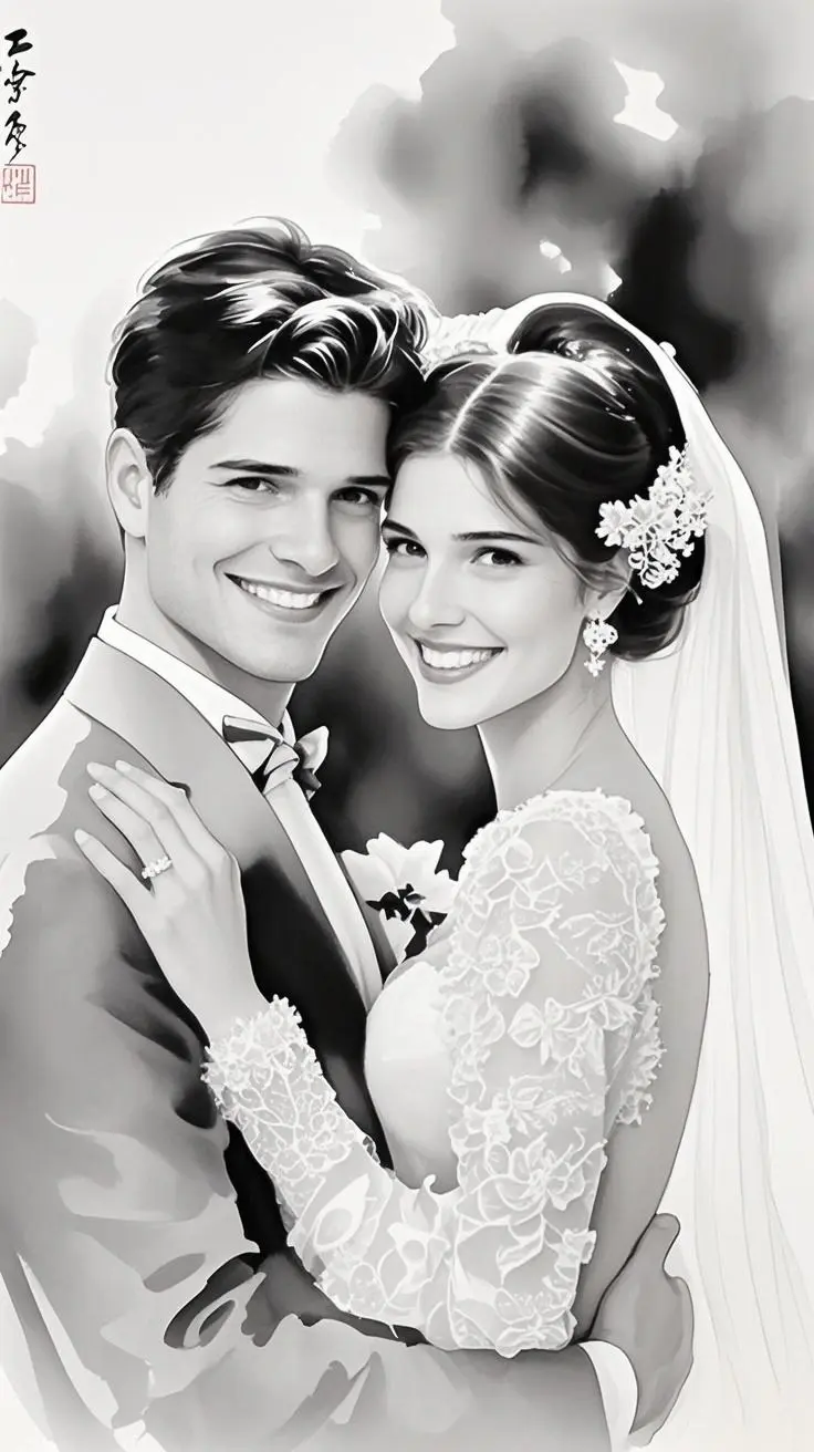 wedding portrait china ink painting made from a photo, with our MEDIA AI art generator 