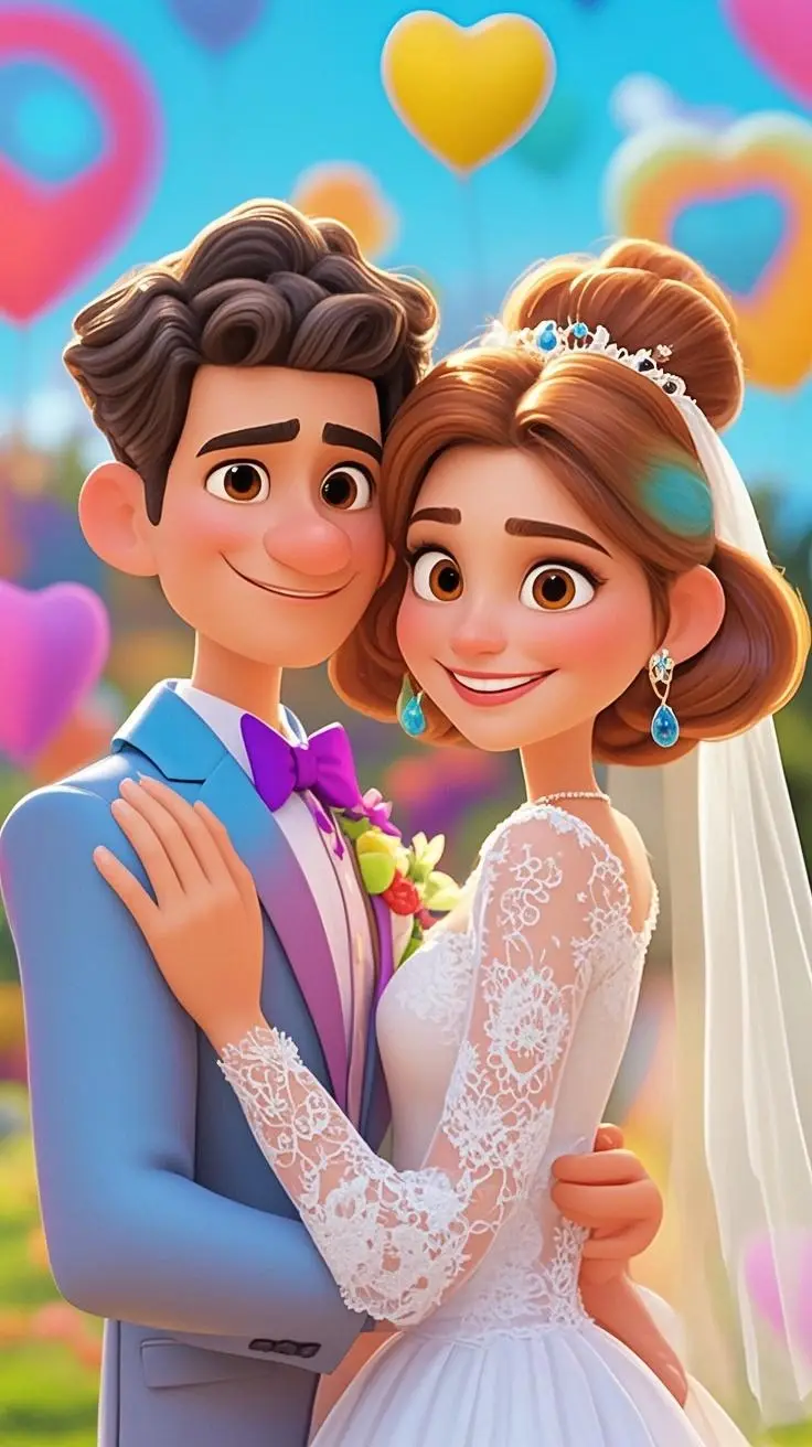 wedding portrait Pixar painting made from a photo, with our MEDIA AI art generator 