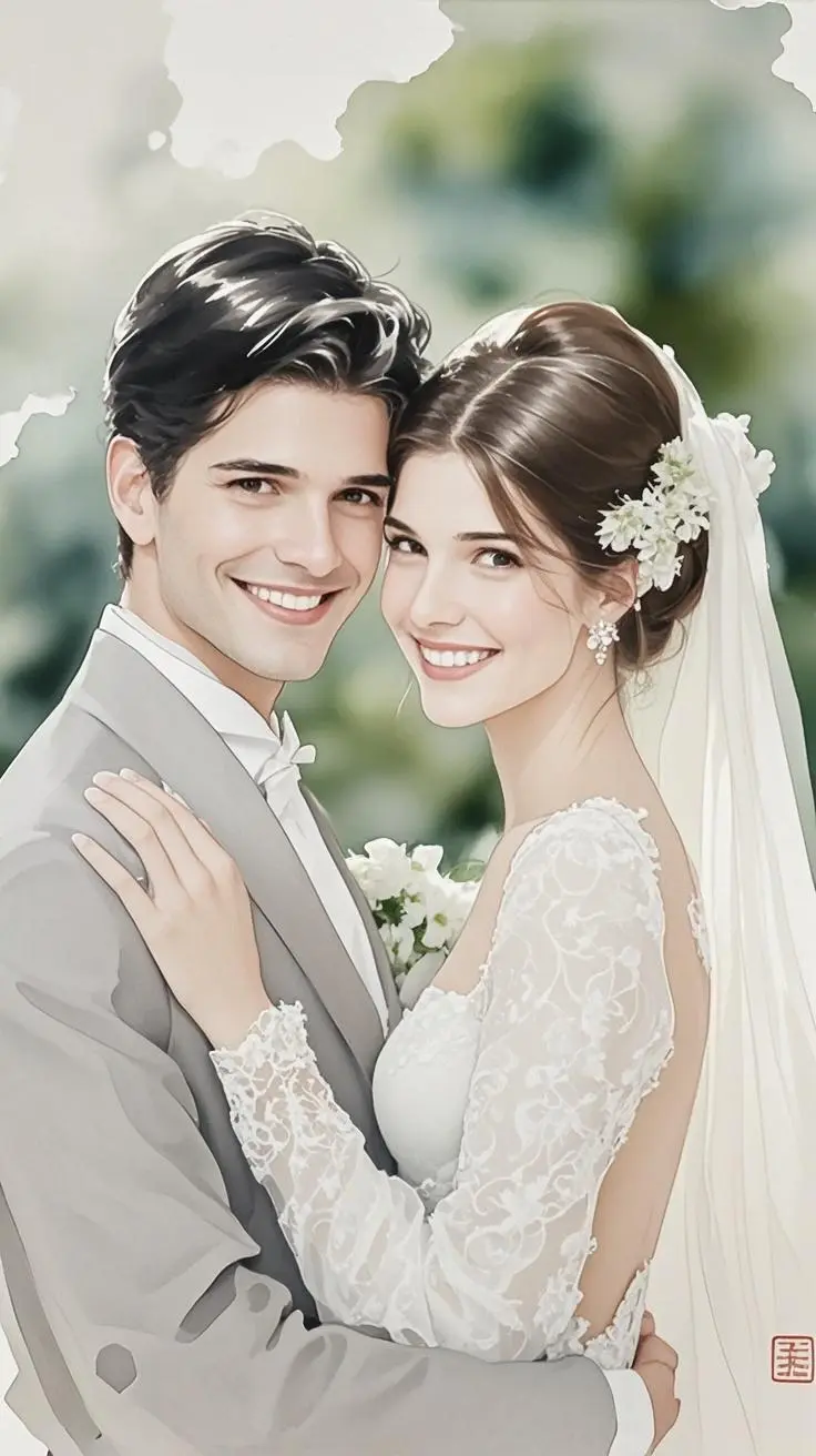 wedding portrait watercolor painting made from a photo, with our MEDIA AI art generator 