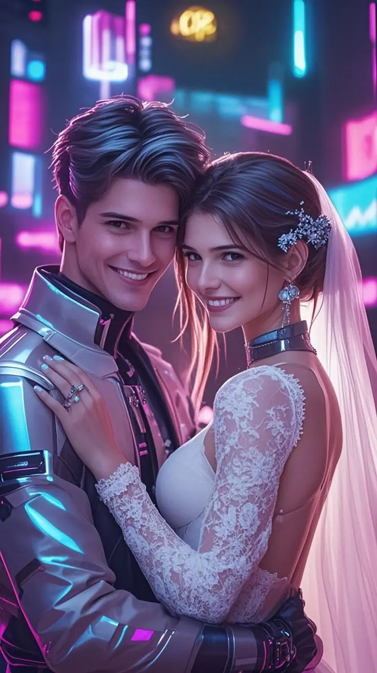 wedding portrait cyberpunk painting made from a photo, with our MEDIA AI art generator 